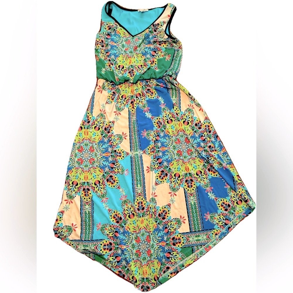 CB Established 1962 dress w/vibrant symmetrical pattern handkerchief hem Sz 10